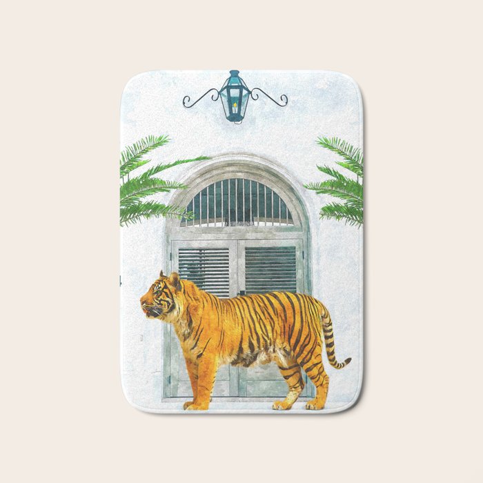 94 Tropical, Greece Architecture Buildings Tiger Wild Cat Watercolor Palm Travel Bohemian Painting Bath Mat