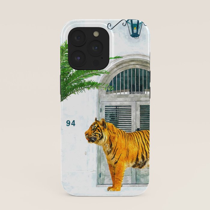94 Tropical, Greece Architecture Buildings Tiger Wild Cat Watercolor Palm Travel Bohemian Painting iPhone Case