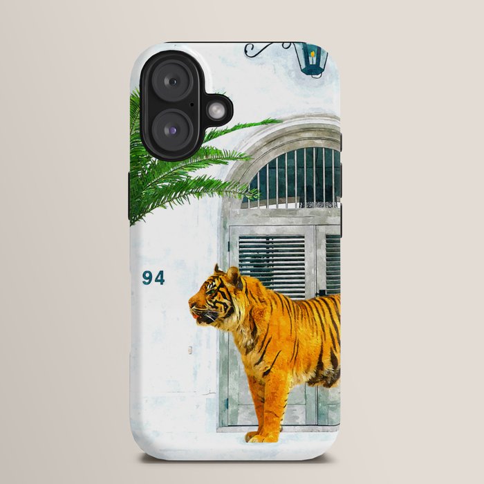 94 Tropical, Greece Architecture Buildings Tiger Wild Cat Watercolor Palm Travel Bohemian Painting iPhone Case