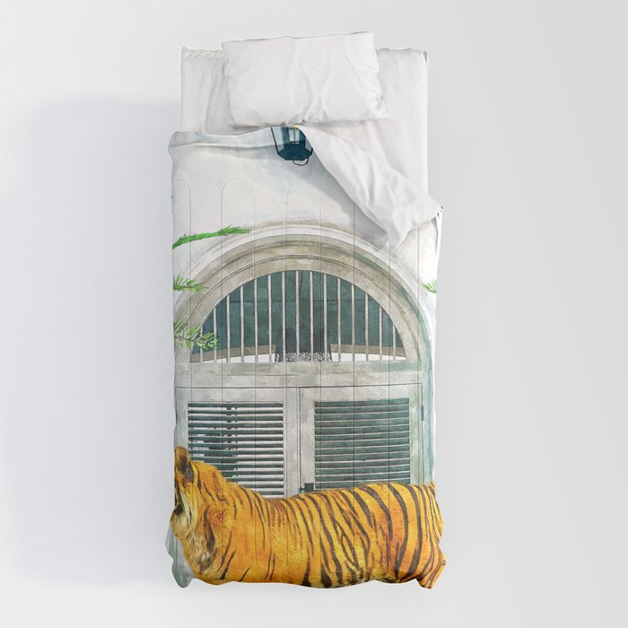94 Tropical, Greece Architecture Buildings Tiger Wild Cat Watercolor Palm Travel Bohemian Painting Comforter