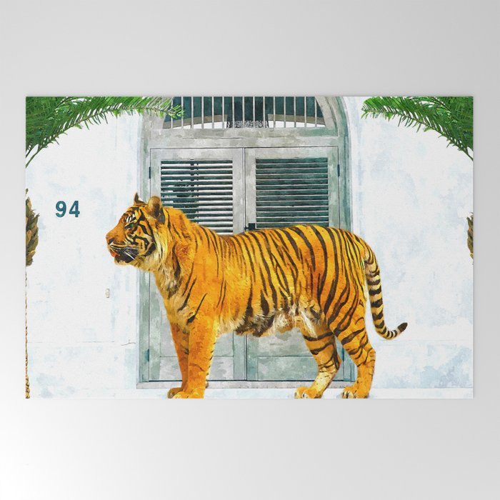94 Tropical, Greece Architecture Buildings Tiger Wild Cat Watercolor Palm Travel Bohemian Painting Welcome Mat