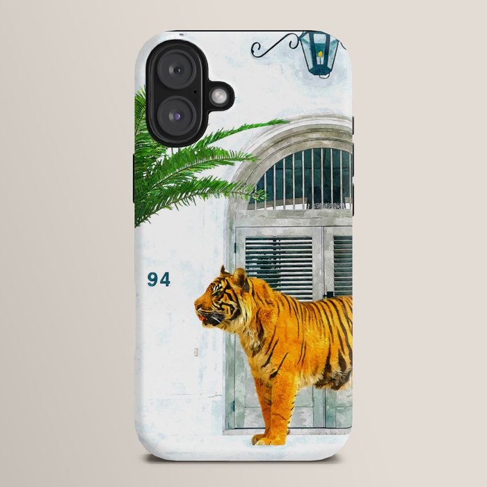 94 Tropical, Greece Architecture Buildings Tiger Wild Cat Watercolor Palm Travel Bohemian Painting iPhone Case