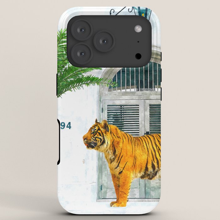 94 Tropical, Greece Architecture Buildings Tiger Wild Cat Watercolor Palm Travel Bohemian Painting iPhone Case