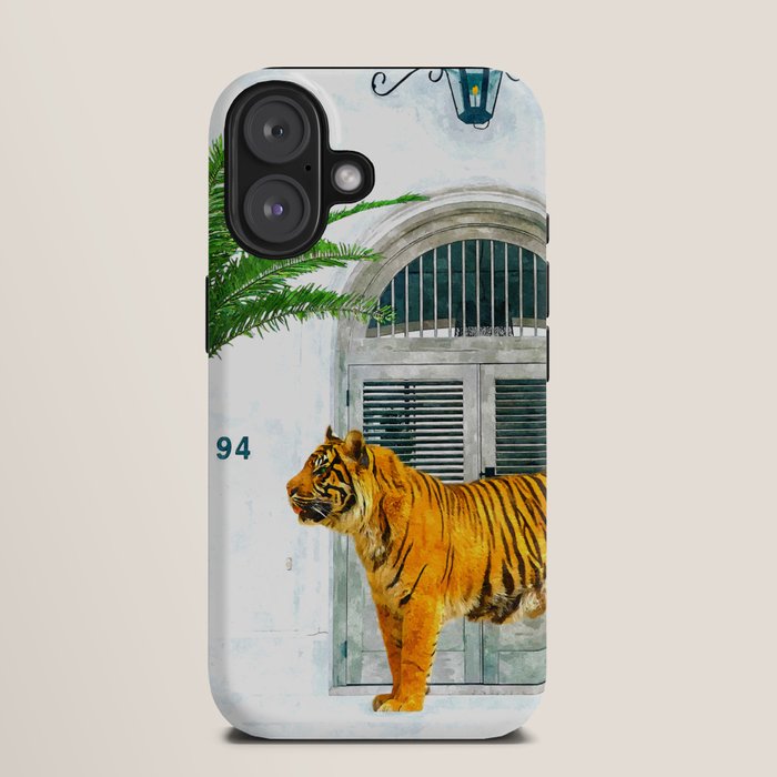94 Tropical, Greece Architecture Buildings Tiger Wild Cat Watercolor Palm Travel Bohemian Painting iPhone Case