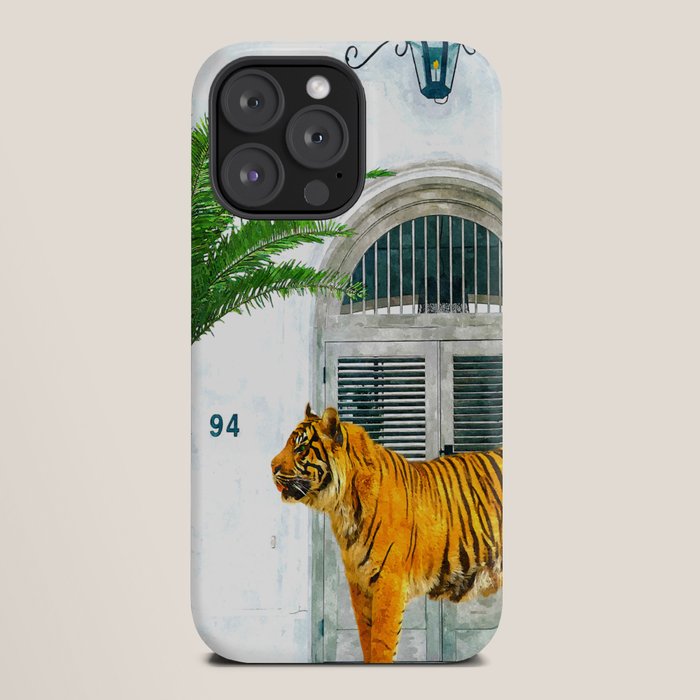 94 Tropical, Greece Architecture Buildings Tiger Wild Cat Watercolor Palm Travel Bohemian Painting iPhone Case