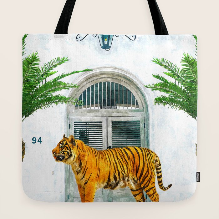94 Tropical, Greece Architecture Buildings Tiger Wild Cat Watercolor Palm Travel Bohemian Painting Tote Bag