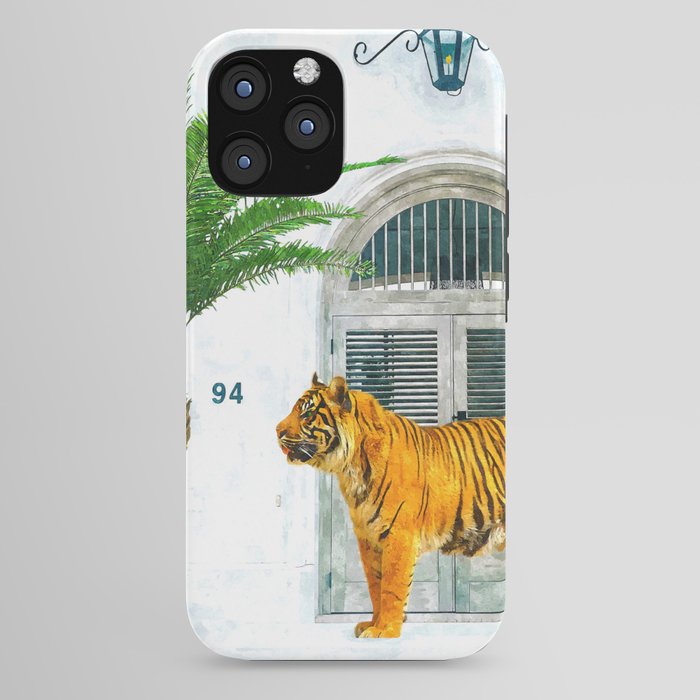 94 Tropical, Greece Architecture Buildings Tiger Wild Cat Watercolor Palm Travel Bohemian Painting iPhone Case