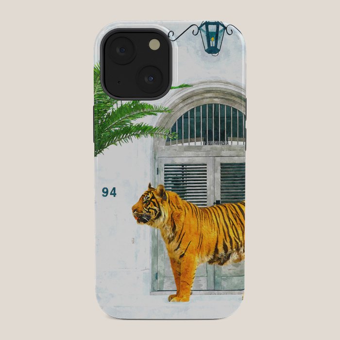 94 Tropical, Greece Architecture Buildings Tiger Wild Cat Watercolor Palm Travel Bohemian Painting iPhone Case
