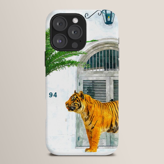 94 Tropical, Greece Architecture Buildings Tiger Wild Cat Watercolor Palm Travel Bohemian Painting iPhone Case