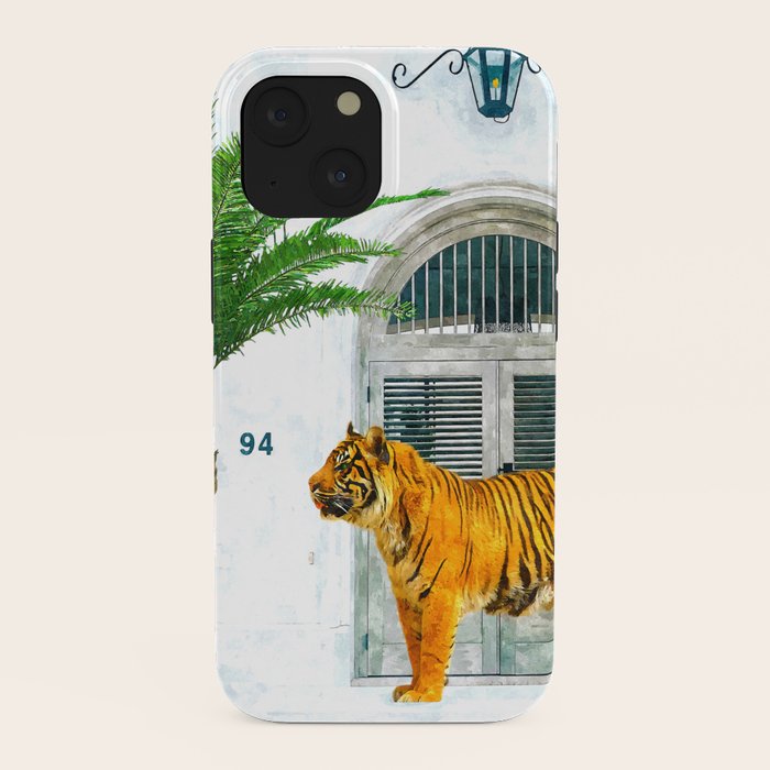 94 Tropical, Greece Architecture Buildings Tiger Wild Cat Watercolor Palm Travel Bohemian Painting iPhone Case