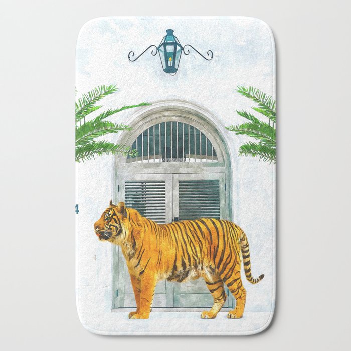 94 Tropical, Greece Architecture Buildings Tiger Wild Cat Watercolor Palm Travel Bohemian Painting Bath Mat