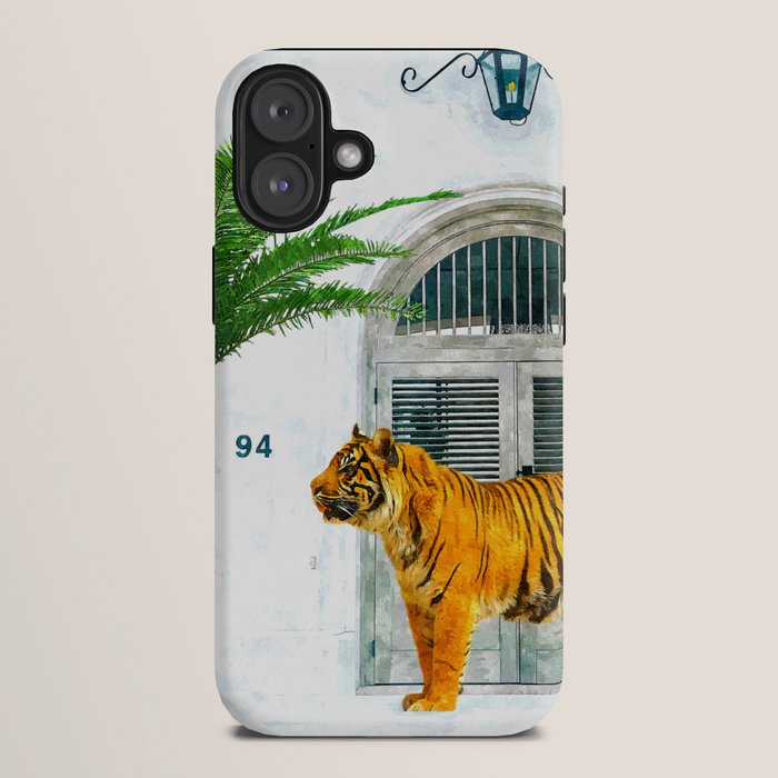 94 Tropical, Greece Architecture Buildings Tiger Wild Cat Watercolor Palm Travel Bohemian Painting iPhone Case