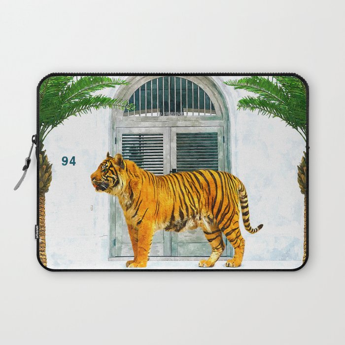 94 Tropical, Greece Architecture Buildings Tiger Wild Cat Watercolor Palm Travel Bohemian Painting Laptop Sleeve