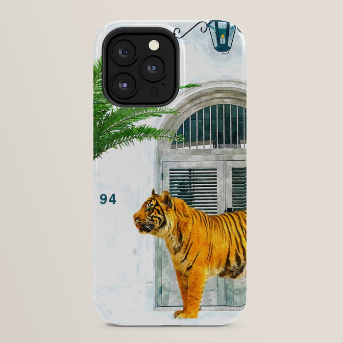 94 Tropical, Greece Architecture Buildings Tiger Wild Cat Watercolor Palm Travel Bohemian Painting iPhone Case