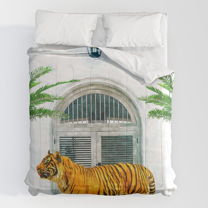 94 Tropical, Greece Architecture Buildings Tiger Wild Cat Watercolor Palm Travel Bohemian Painting Comforter