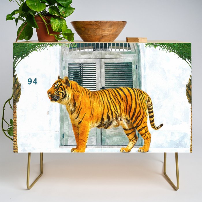 94 Tropical, Greece Architecture Buildings Tiger Wild Cat Watercolor Palm Travel Bohemian Painting Credenza