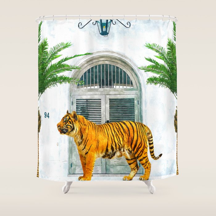 94 Tropical, Greece Architecture Buildings Tiger Wild Cat Watercolor Palm Travel Bohemian Painting Shower Curtain