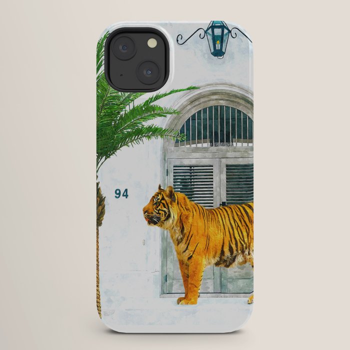 94 Tropical, Greece Architecture Buildings Tiger Wild Cat Watercolor Palm Travel Bohemian Painting iPhone Case