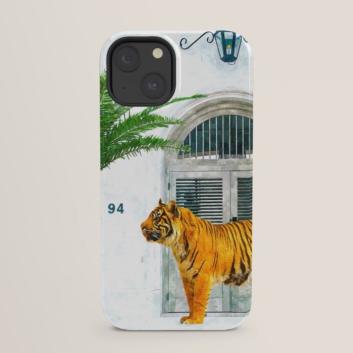 94 Tropical, Greece Architecture Buildings Tiger Wild Cat Watercolor Palm Travel Bohemian Painting iPhone Case