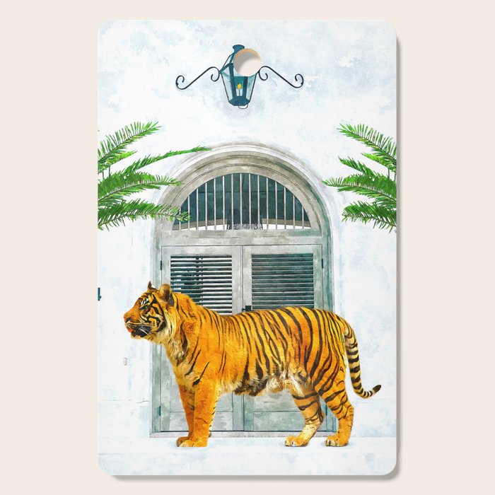 94 Tropical, Greece Architecture Buildings Tiger Wild Cat Watercolor Palm Travel Bohemian Painting Cutting Board