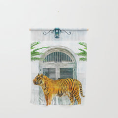 94 Tropical, Greece Architecture Buildings Tiger Wild Cat Watercolor Palm Travel Bohemian Painting Wall Hanging