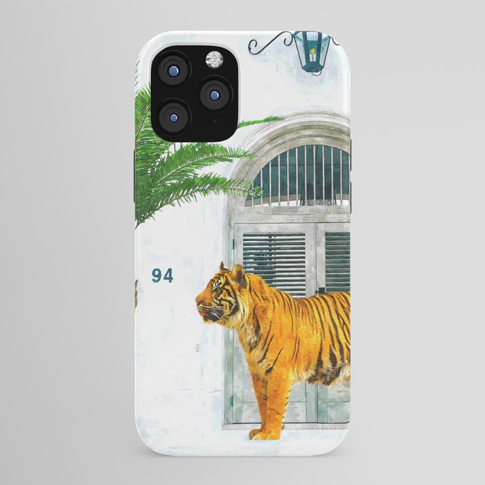 94 Tropical, Greece Architecture Buildings Tiger Wild Cat Watercolor Palm Travel Bohemian Painting iPhone Case