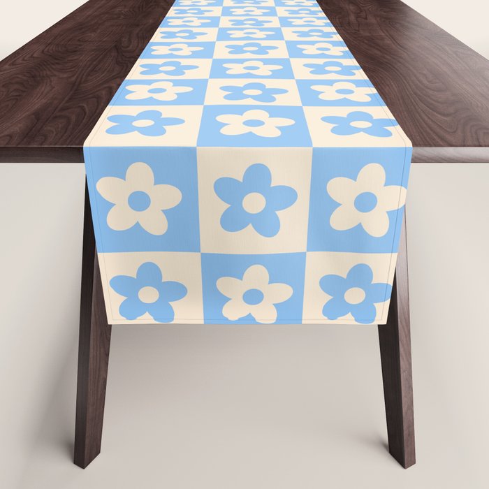 90s flowers checkers cream and blue Table Runner