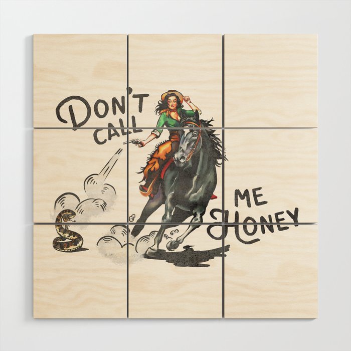 "Don't Call Me Honey" Cowgirl On Horseback Shooting a Rattlesnake Wood Wall Art