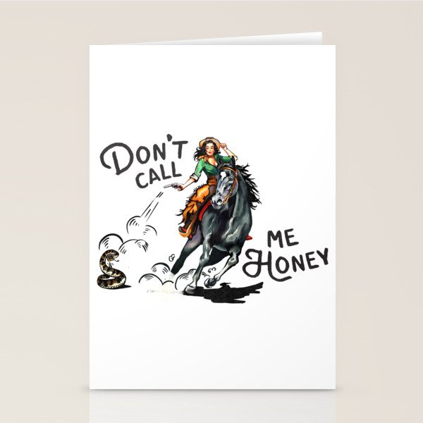 "Don't Call Me Honey" Cowgirl On Horseback Shooting a Rattlesnake Stationery Card
