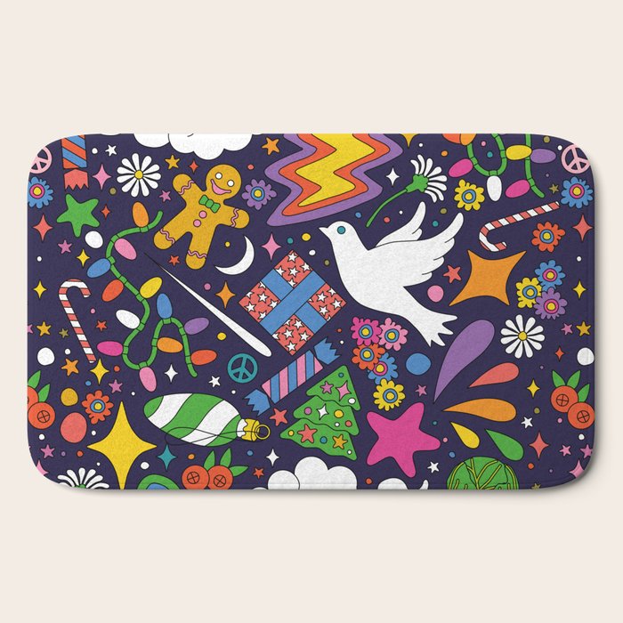 60s 70s psychedelic Modern Christmas Confetti Pattern Bath Mat
