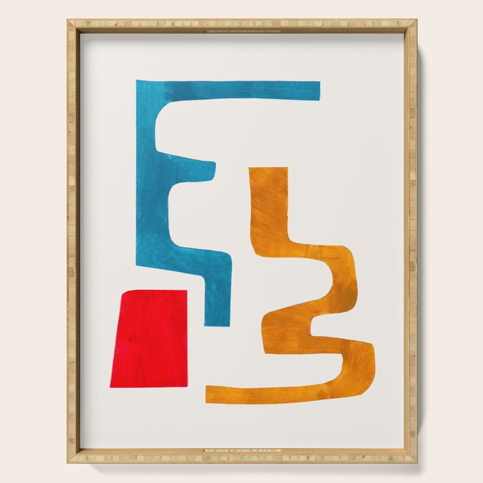 Falling Down' Paper Collage Fun Colorful Shapes Mid Century Minimal Abstract Art by Ejaaz Haniff Serving Tray