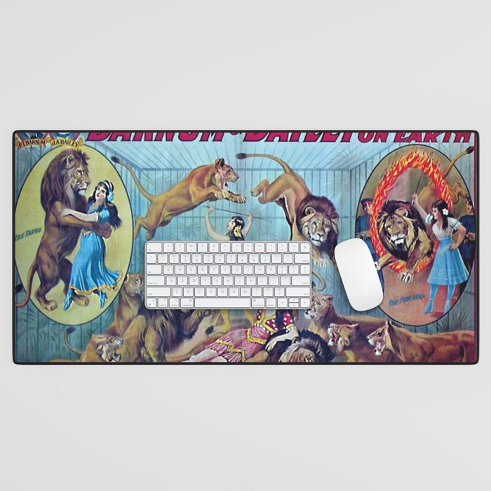 1910 Barnum & Bailey Circus Dancing Lions - M'lle Adgi's Acting Vintage Poster Desk Mat