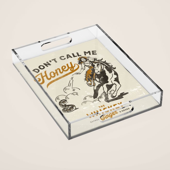 "Don't Call Me Honey" Retro Pinup Cowgirl On Horseback Shooting A Snake V.2 Acrylic Tray
