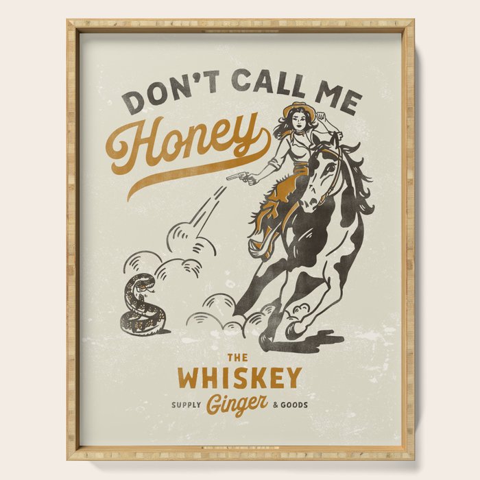 "Don't Call Me Honey" Retro Pinup Cowgirl On Horseback Shooting A Snake V.2 Serving Tray