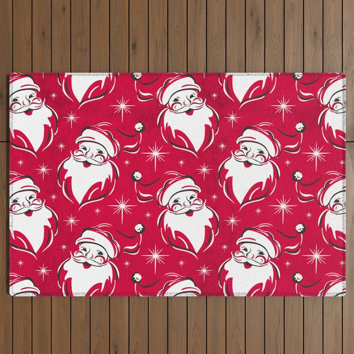 Tis The Season Retro Santa Red White Pattern Outdoor Rug