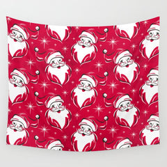 Tis The Season Retro Santa Red White Pattern Wall Tapestry
