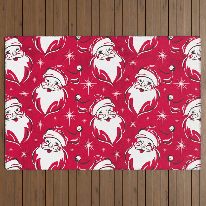Tis The Season Retro Santa Red White Pattern Outdoor Rug
