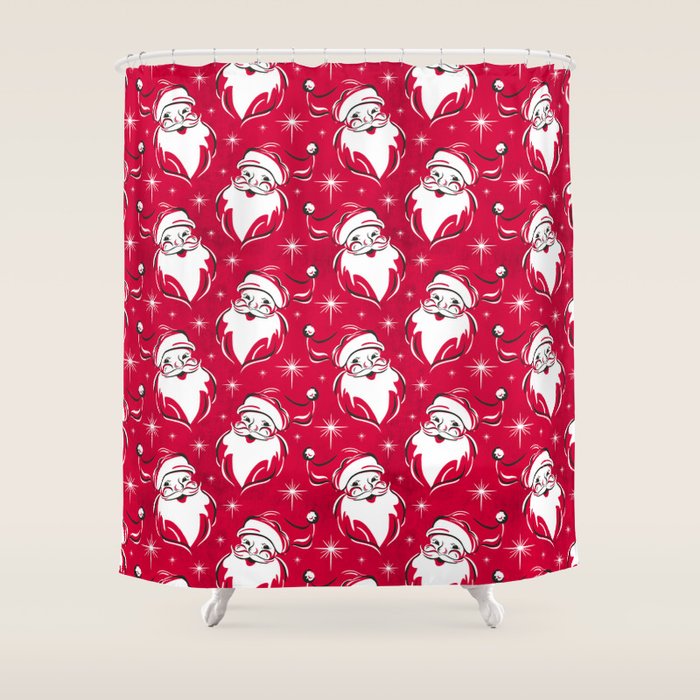 Tis The Season Retro Santa Red White Pattern Shower Curtain