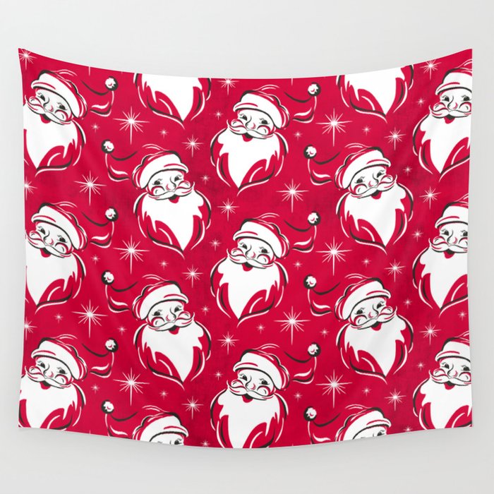 Tis The Season Retro Santa Red White Pattern Wall Tapestry