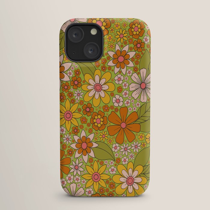 1960s, 1970s Retro Floral in Green, Pink & Orange - Flower Power iPhone Case