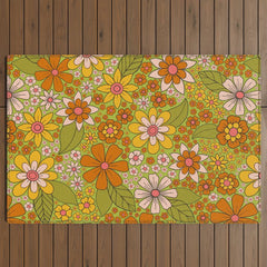 1960s, 1970s Retro Floral in Green, Pink & Orange - Flower Power Outdoor Rug