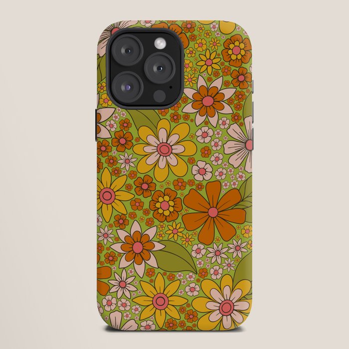 1960s, 1970s Retro Floral in Green, Pink & Orange - Flower Power iPhone Case