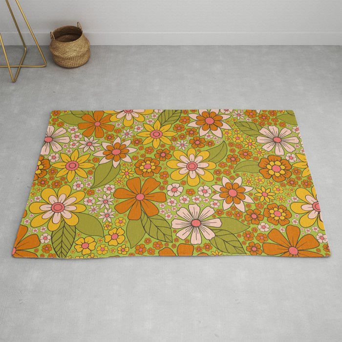 1960s, 1970s Retro Floral in Green, Pink & Orange - Flower Power Rug