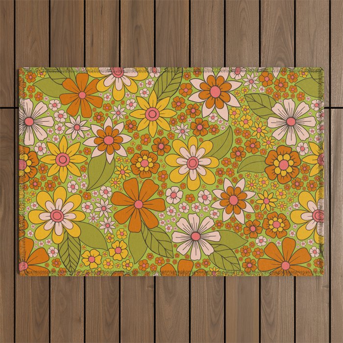 1960s, 1970s Retro Floral in Green, Pink & Orange - Flower Power Outdoor Rug