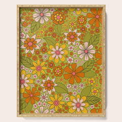 1960s, 1970s Retro Floral in Green, Pink & Orange - Flower Power Serving Tray