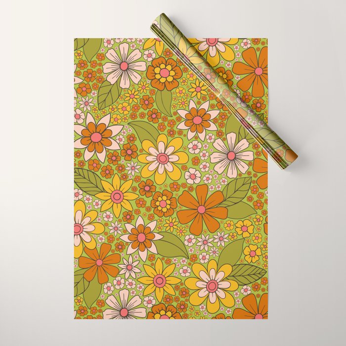 1960s, 1970s Retro Floral in Green, Pink & Orange - Flower Power Wrapping Paper