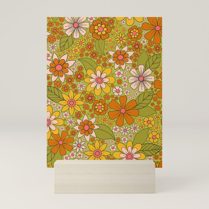 1960s, 1970s Retro Floral in Green, Pink & Orange - Flower Power Mini Art Print