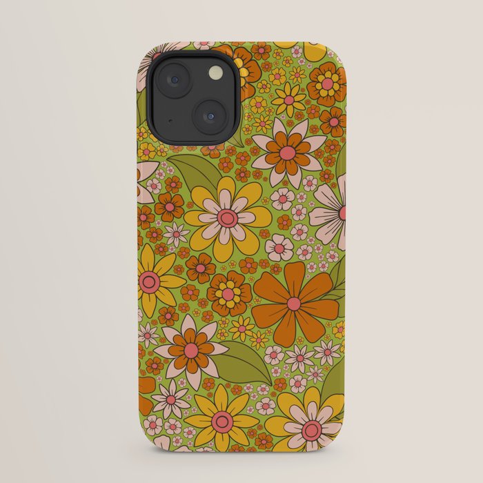1960s, 1970s Retro Floral in Green, Pink & Orange - Flower Power iPhone Case