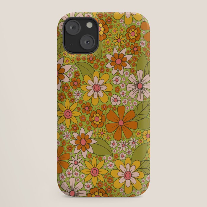 1960s, 1970s Retro Floral in Green, Pink & Orange - Flower Power iPhone Case