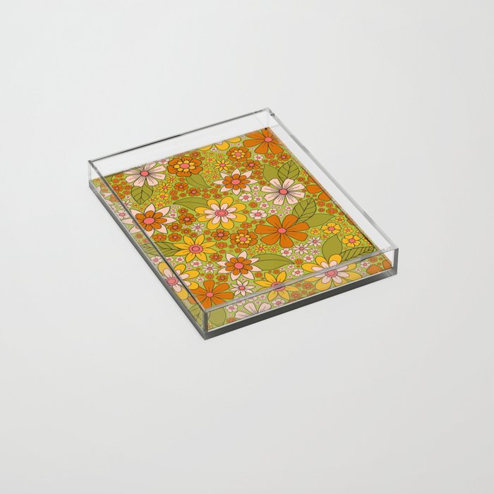1960s, 1970s Retro Floral in Green, Pink & Orange - Flower Power Acrylic Tray